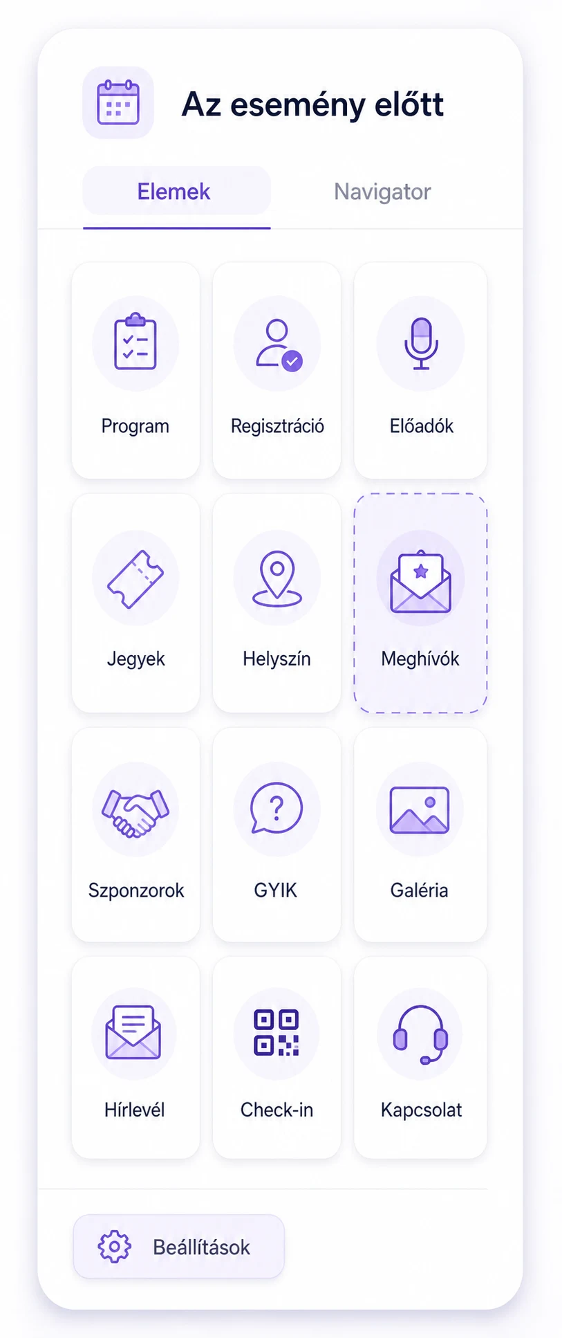 Rendezvény-app elemtár vizualizációja — eClick: program, regisztráció, előadók, jegyek, helyszín, meghívók, szponzorok, GYIK, galéria, hírlevél, check-in, kapcsolat — egy kattintással hozzáadható elemek a saját rendezvény-oldaladhoz