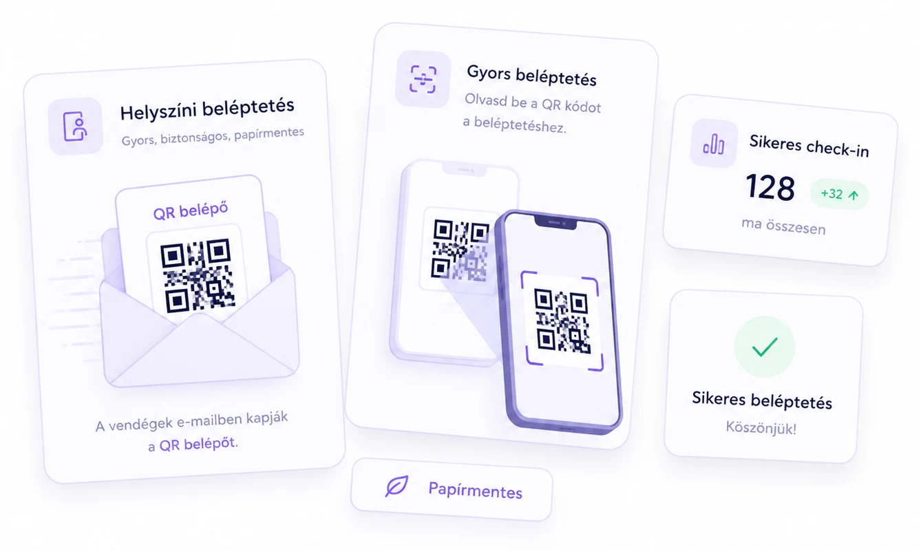 QR-kódos helyszíni beléptetés rendezvényen — eClick: e-mailes QR belépő, telefonos szkennelés, sikeres check-in számláló (128 ma) és élő visszaigazolás — gyors, biztonságos, papírmentes