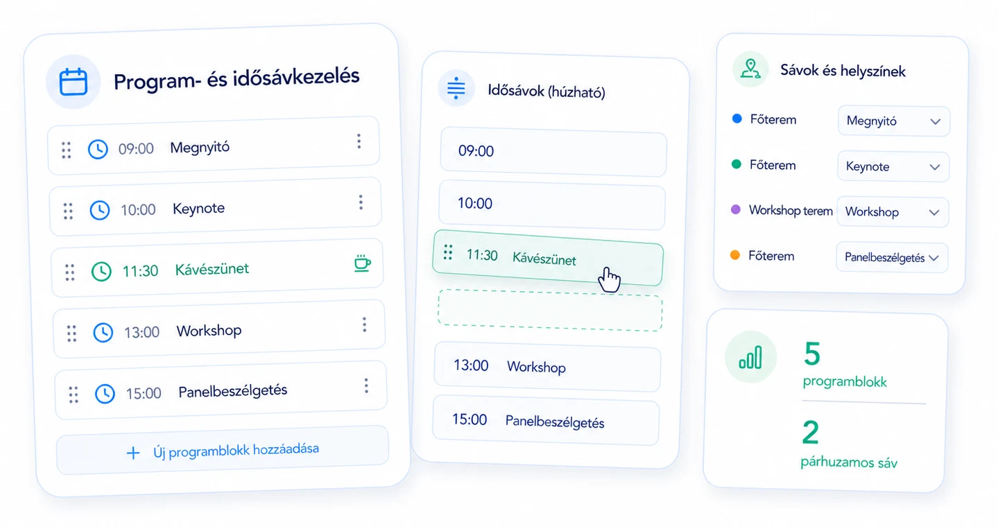 Program- és idősávkezelés a rendezvényszervezésben — eClick: programblokkok időpontokkal (megnyitó, keynote, kávészünet, workshop, panelbeszélgetés), drag & drop húzható idősávok, párhuzamos sávok és helyszín-hozzárendelés (főterem, workshop terem)