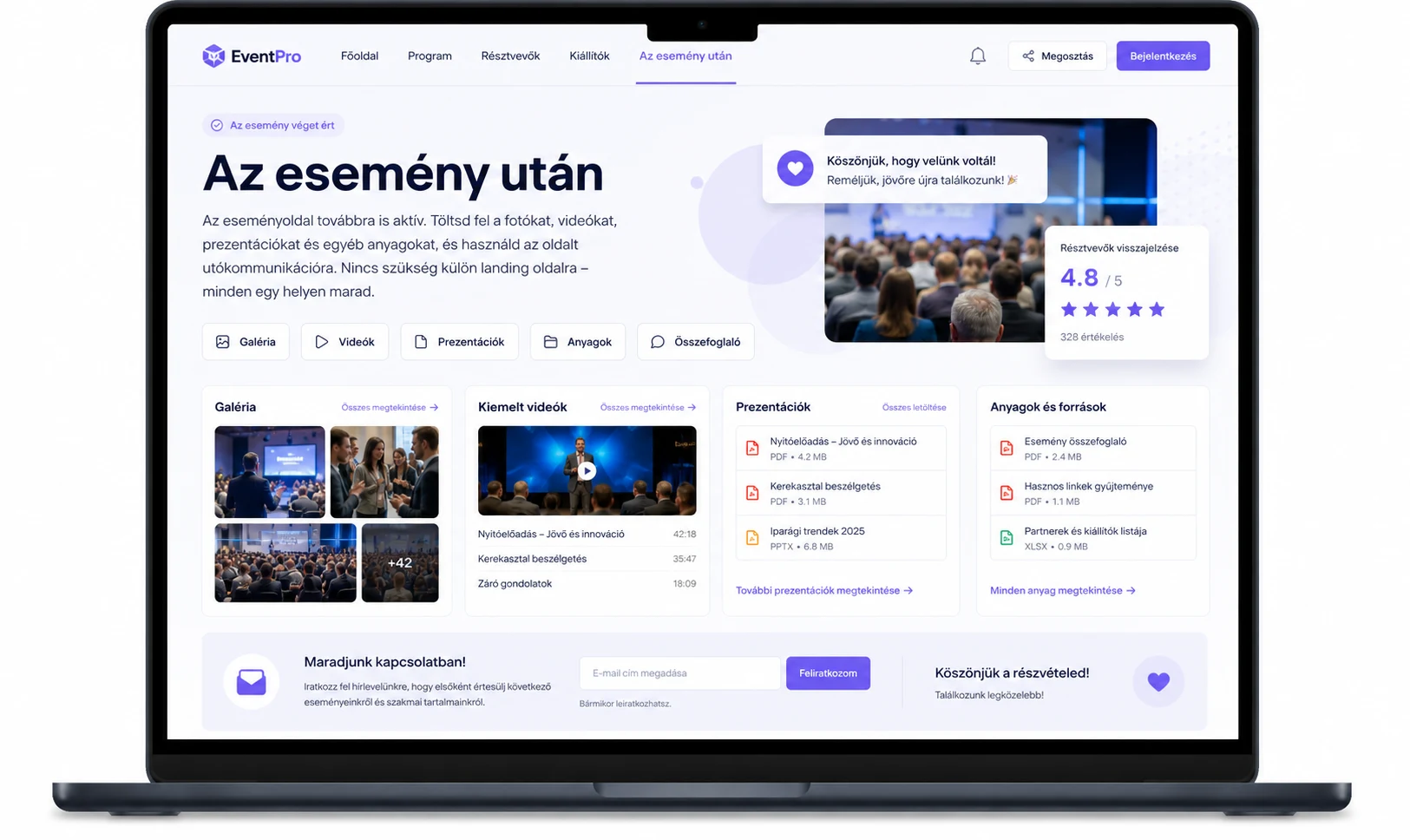 Esemény utáni oldal vizualizációja (asztali nézet) — eClick: galéria, videók, prezentációk, anyagok, résztvevői visszajelzések, hírlevél-feliratkozás — minden egy helyen