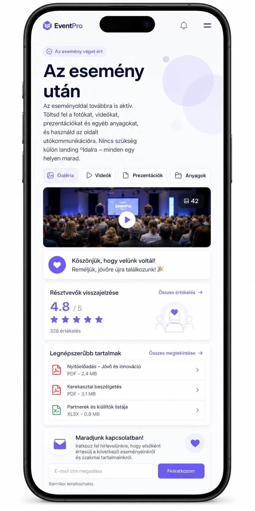 Esemény utáni oldal vizualizációja (mobil nézet) — eClick: galéria, videók, prezentációk, kiemelt tartalmak letöltése, résztvevői értékelések és hírlevél-feliratkozás