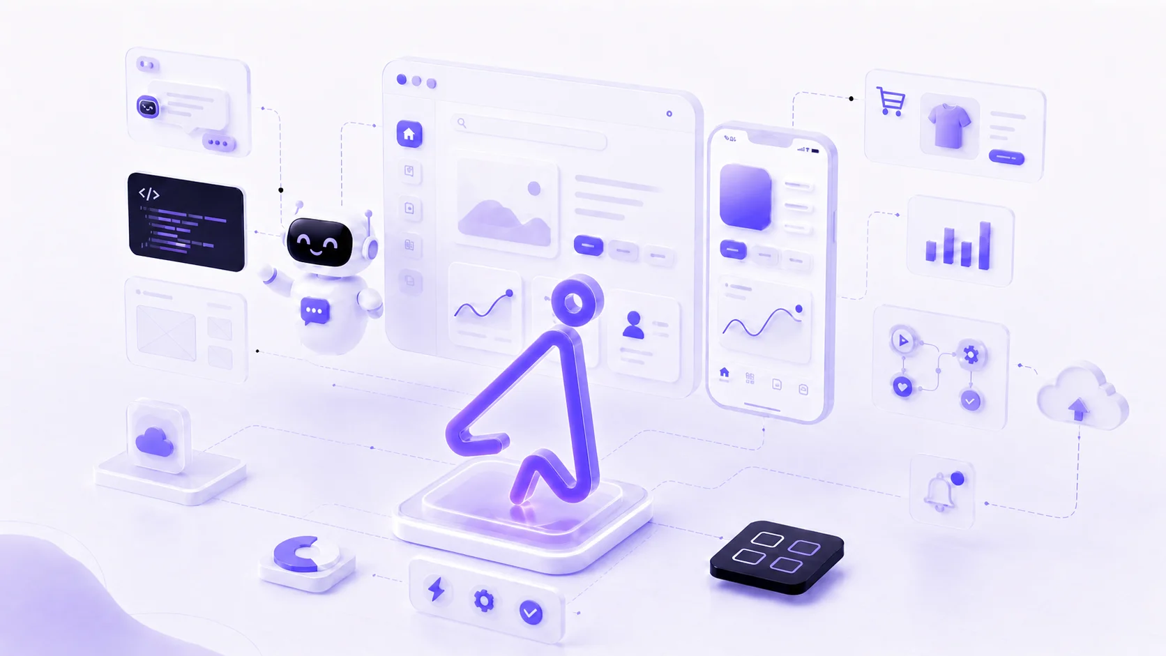 eClick szolgáltatások vizualizációja — webfejlesztés, mobil app, webshop, AI chatbot és automatizáció egy kézből
