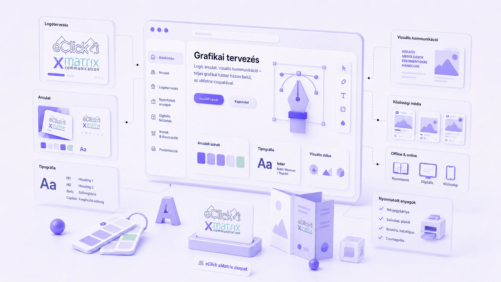 Grafikai tervezés vizualizációja — eClick xMatrix: logó, arculat, vizuális kommunikáció, tipográfia, nyomtatott anyagok és közösségi média grafikák
