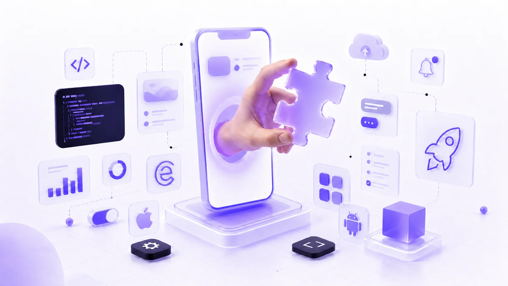 Mobil app fejlesztés vizualizációja — eClick: iOS és Android natív app, kódolás, push értesítések, cloud integráció és AI funkciók