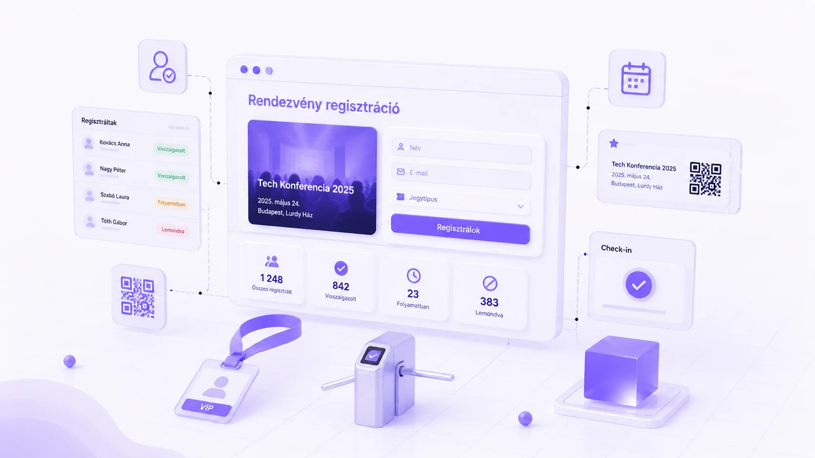 Rendezvény regisztrációs rendszer vizualizációja — eClick: online jelentkezések, valós idejű statisztikák, helyszíntérkép, programkimutatás, QR-kódos belépőjegy, e-mail meghívók és résztvevőlista