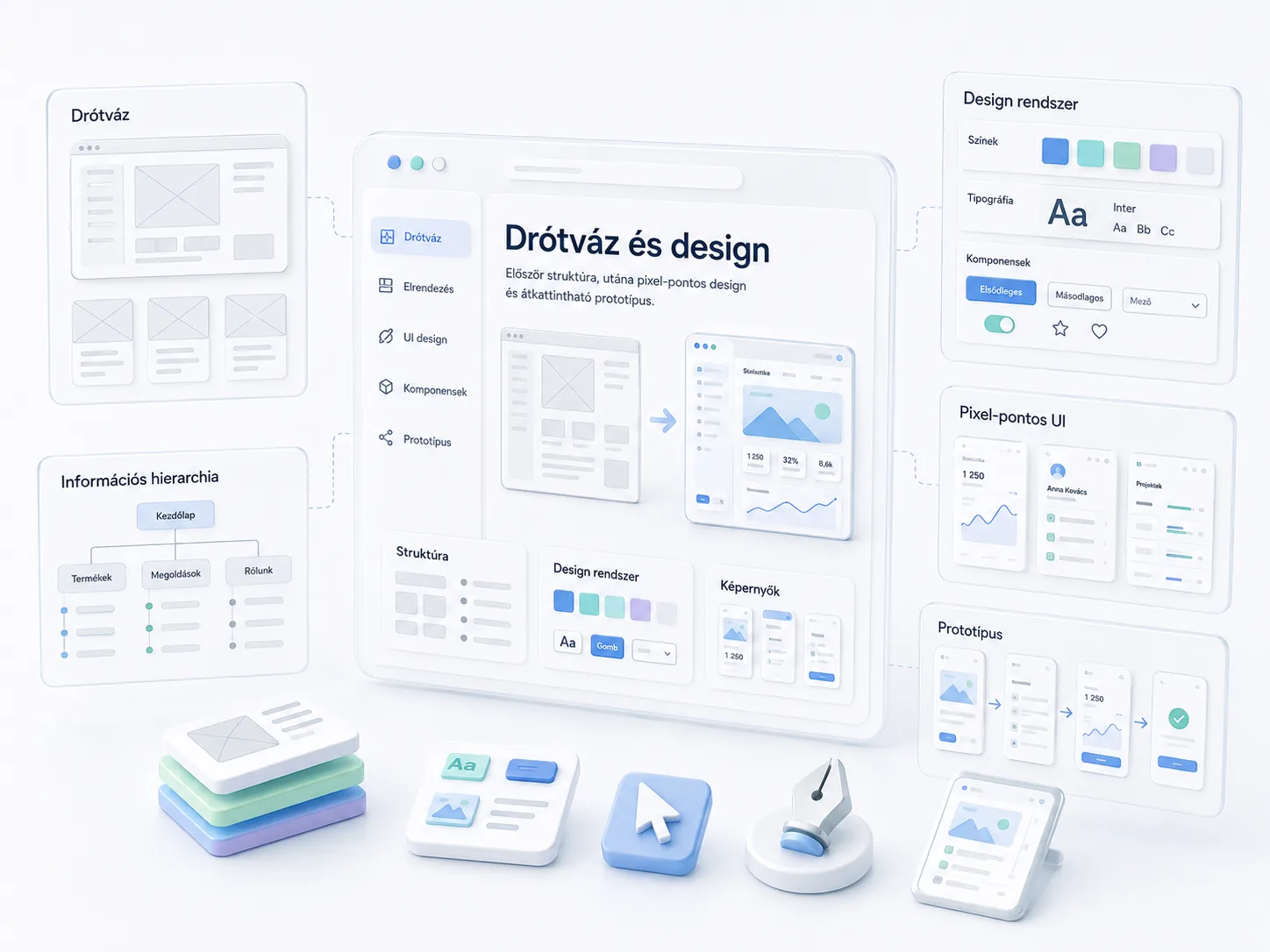 Drótváz, design rendszer és pixel-pontos UI tervezés Figmában