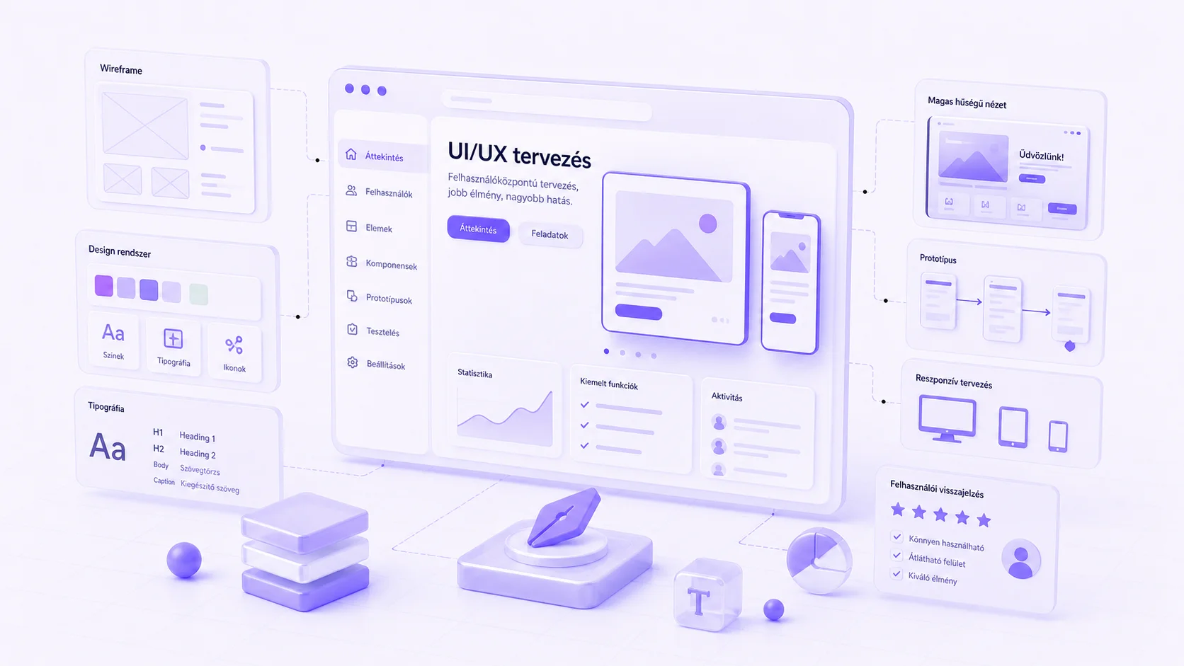 UI/UX tervezés vizualizációja — eClick: wireframe, design rendszer, tipográfia, prototípus és reszponzív felhasználói élmény tervezés
