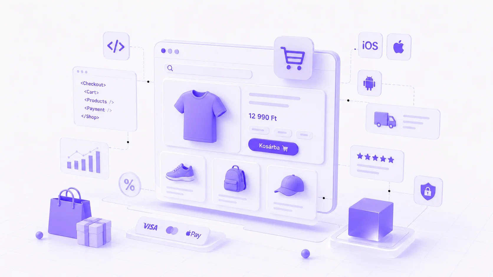 Egyedi webshop és e-commerce fejlesztés vizualizációja — eClick: termékoldal, kosár, fizetési integrációk (Visa, Mastercard, Apple Pay), iOS és Android támogatás