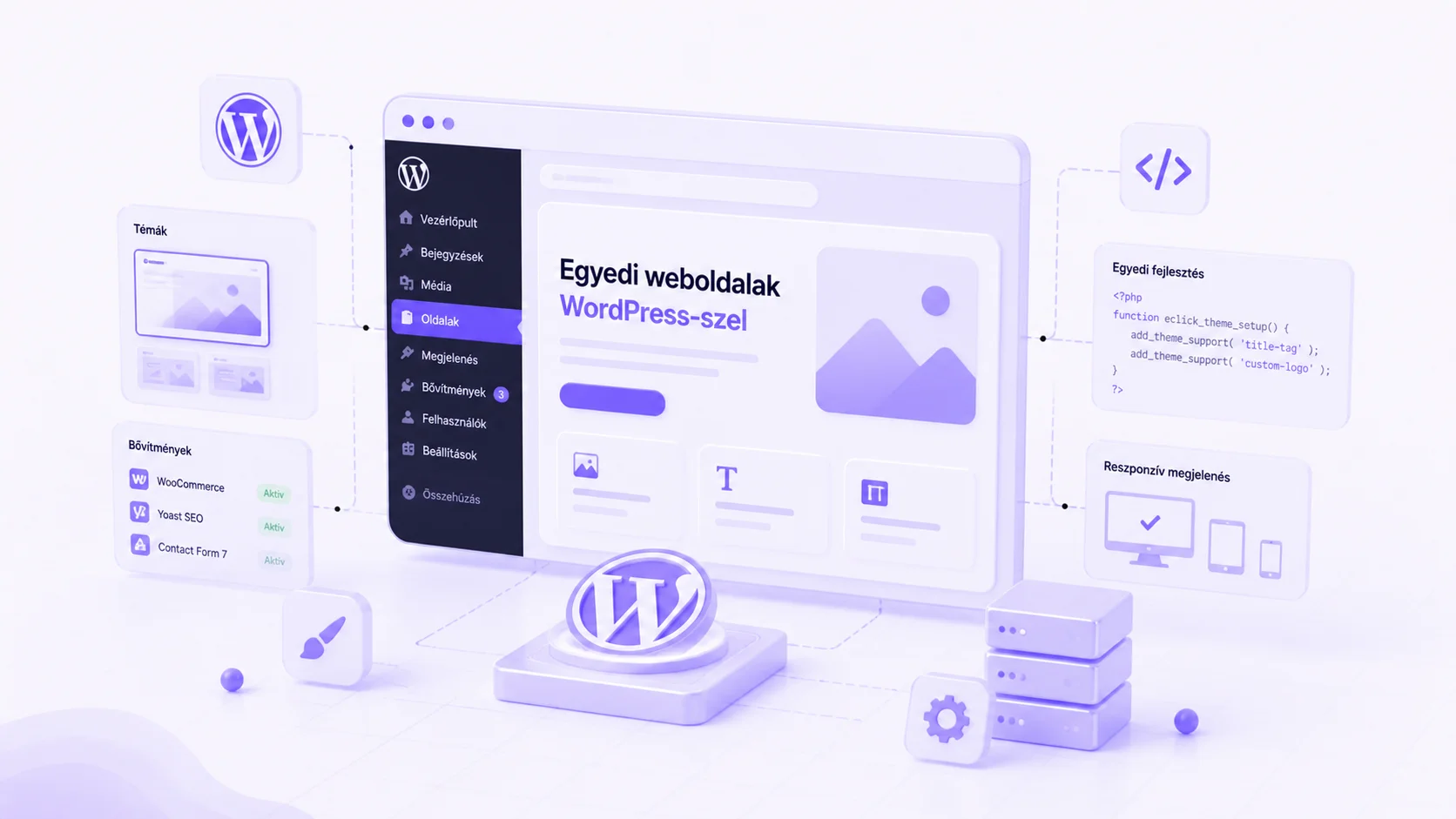 WordPress fejlesztés vizualizációja — eClick: egyedi témák, plugin integrációk (WooCommerce, Yoast SEO, Contact Form 7), reszponzív megjelenés és egyedi PHP fejlesztés